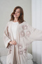 Women's Front Embroidered Beaded Linen Kimono Cardigan and Pants Top and Bottom Set - 5