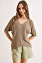 Women's Mink V-Neck Mercerized Bat Draped Knitwear Blouse Blz-19003210 - 5