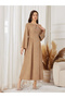 Women Beige Tie-Up Neck A-Line Maxi Dress