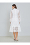 Women White Lace Balloon Sleeves A-Line Midi Dress - 5