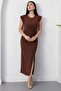 Crew Neck Buttoned Waist Slit Dress Grs3870 - 5