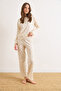 Women's Beige Heart 100% Cotton Long Sleeve Pajama Set Pjm-00000024 - 2