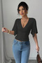 Women's Black Double-Breasted Collar Bat Sleeve Lycra Stylish T-Shirt - 2