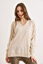 Women's Stone V-Neck Slit Back Long Knit Sweater Kzk-19001158 - 3