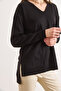 Women's Black V-Neck Slit Back Long Knit Sweater Kzk-19001158 - 6