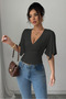 Women's Black Double-Breasted Collar Bat Sleeve Lycra Stylish T-Shirt - 3