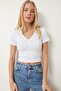 Drawstring Detailed Ribbed Knitted Blouse Lex0001 White - 2
