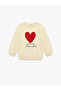 Crew Neck Cotton Sweatshirt with Raised Long Sleeves and Heart Detail