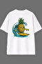 Surfer Pineapple Design Back Printed White Oversize T-Shirt