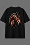 Horse 3 Design Back Printed Black Oversize t Shirt