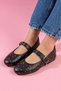 Kroma Black Leather Metal Mini Trocley Belted Premium Ballerinas