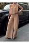 Women's Beige Ayrobin Fabric Sleeveless Blouse and Wide Leg Pants Set - 3