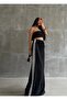 Black High-Waisted Wide-Leg Striped Lace-Up Trousers - 7091