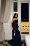 Navy Blue Benedita Strapless Elegant Long Dress with Neck Scarf Detail ATE-3525 - 3