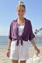 Light Purple Shirt Collar Short Sleeve Unfastened Washable Front Knot Tie Casual Woven Blouse 62 67 - 2