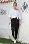 Black Belt Buckle Elastic Waist Casual Gabardine Woven Trousers 100 55 - 5
