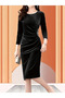 Women's Long Sleeve Boots Neckline Side Stone Detailed Midi Velvet Dress - 2