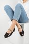 Cappuccino Brown Women's Black Patent Leather Ballerinas with Gold Metal Band Stylish Mary Jane Shoes - 2