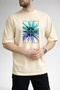 Men's Turquoise and Blue Palm Leaf Crew Neck Beige T-Shirt - 2