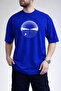 Men's Circular Form Mountain and Water Themed Crew Neck Cobalt Blue T-Shirt - 3