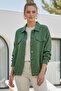 Green Shirt Collar Cuffed Sleeves Double Flap Pockets Casual Linen-Look Woven Jacket 65 65 - 3