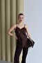Women's Brown Lace Strap Asymmetrical Satin Blouse - 4