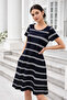 Women's Midi Length Double Pocket Striped Crew Neck Dress - 3