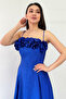 Women's Thin Strap Floral Detailed Evening Dress Red, Cobalt Blue, Navy Blue, Black - 3