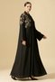 2 Pieces Modern Black Abaya Set Gold Floral Embroidery Muslim Women's Arabic Abaya Dress with Shela - 5