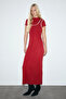 Deports Women's Soft Stretch Fabric Contrast Piping Double Collar Red Dress - 4