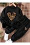 Leopard Heart Printed Hooded Top and Bottom Tracksuit Set