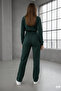 3-Thread Fleece Detailed Front Stitching Striped Wide Leg Green Women's Sweatpants - 5