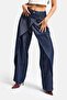 Women's Indigo Loose Fit Balloon Fit Double Trousers Detail Special Design Denim Jeans - 4