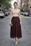 Flocked Printed Lined Asymmetrical Tulle Skirt with Elastic Waist, Brown