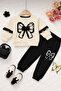 Girl's Black Sweatshirt and Pants Set with Ribbon Detail - 8