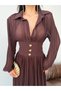 Brown Pleated Chiffon Dress with Gold Button Details - 4
