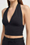 Women's Halter Neck V Crop Bustier-Black - 5