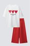 Girls' Cotton Ecru Heart Printed T-Shirt and Red Tracksuit Set - 2