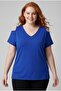Women's Plus Size Off-The-Shoulder V-Neck Viscose Blue T-Shirt – Front and Back V-Neck