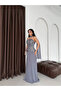 Gray Shawl Detailed Sequin Embroidered Chiffon Skirt Evening Dress - 3