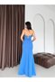 Blue Chest Stone Embellished Strapless Evening Dress with String Ties - 6