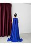 Cobalt Blue Stone Striped Cape Long Evening Dress Ebise - 6
