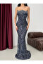 Navy Blue Stone Embellished Sequined Detachable Corset Evening Dress - 5