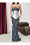 Navy Blue Stone Embellished Sequined Detachable Corset Evening Dress - 4