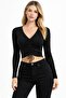 Women's Black Ribbed V-Neck Gathered Crop Blouse Long Sleeve