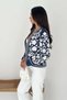 Women's Navy Blue White Floral Embroidered Ribbed Linen Seasonal Jacket - 5