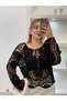 Women's Black Crochet Knitted Patterned Openwork Transparent Lace Knitwear Pinterest Blouse - 3