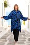 Cobalt Blue Black Patterned Balloon Sleeve Tassel Lace-Up Pocket Tunic Trousers Two-Piece Suit - 3