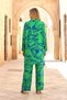 Green Patterned Stand Collar Pocket Tunic Trousers Set - 4