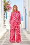 Pink Patterned Stand Collar Sleeve Epaulette Pocket Shirt Trousers Set